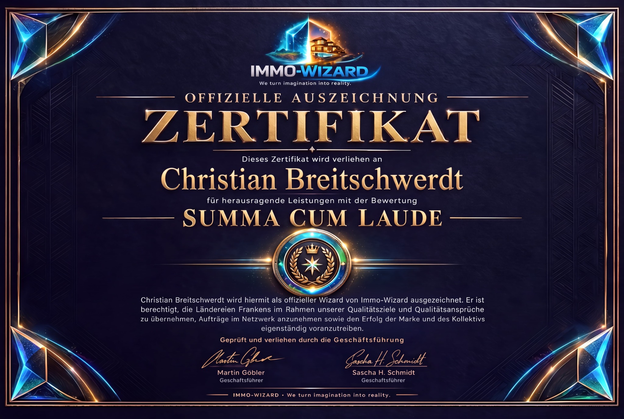 IMMO-WIZARD Zertifikat für Christian Breitschwerdt als offizieller Wizard für Franken